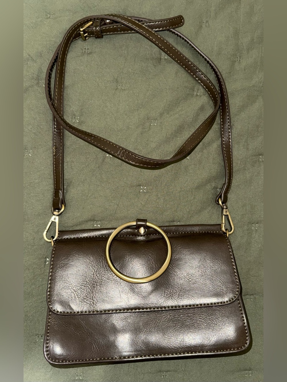 Joy Susan Aria Ring Bag Brown Leather Crossbody Bag with Gold Ring Accent